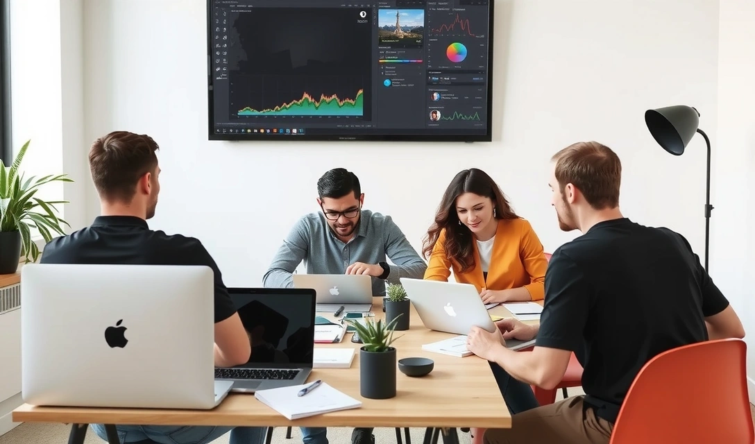 Creative marketing content production with designers creating campaign materials and assets